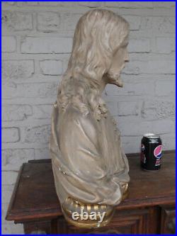 Antique large ceramic Sacred heart bust jesus statue sculpture signed