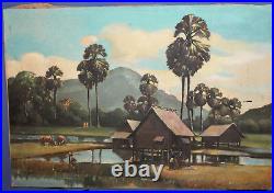 Antique large oil painting landscape country scene signed