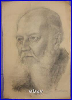 Antique large pencil drawing male portrait signed