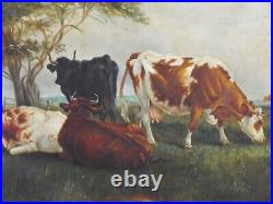 Antique oil painting 19th century cows cattle countryside landscape Victorian