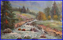 Antique oil painting forest river spring landscape signed