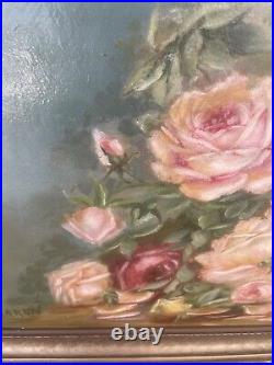 Antique oil painting on cancas roses floral gold frame signed