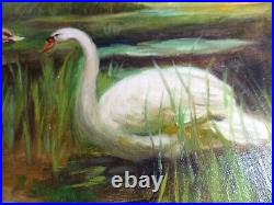 Antique signed oil painting 20 x 24 EASTLAKE frame lady daughter swan scene yes