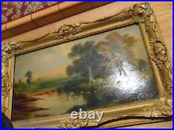 Antique signed oil painting 26 x 14 GOLD 3D frame landscape GLORIOUS original