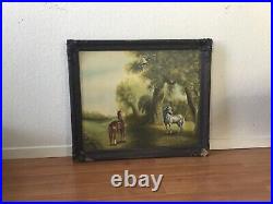 Antique signed original Painting large framed landscape horses trees open field
