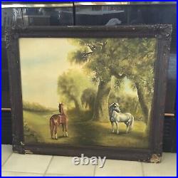 Antique signed original Painting large framed landscape horses trees open field