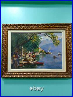 Antiques Hand Painted Painting oil painting Trees, Seas and boats, signed