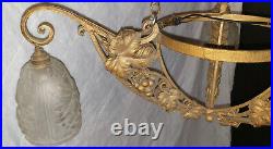 Art Nouveau french brass chandelier ceiling light glass shades signed SEVBA