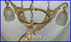 Art Nouveau french brass chandelier ceiling light glass shades signed SEVBA