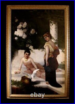 BEAUTIFUL ART NOUVEAU PAINTING, WOMEN / COCKATOO, FINE DETIAL SGN. DATED 19th C