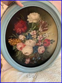 Beautiful ANTIQUE Large Oval FLOWER/ Roses Still-Life Framed Oil Painting SIGNED
