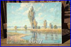 Beautiful Large Original Vintage Rural Farm River Landscape Oil Painting Art