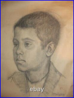 Boy portrait Antique pencil drawing signed