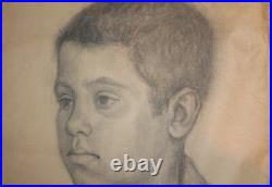 Boy portrait Antique pencil drawing signed