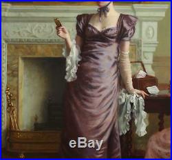 Charles Haigh-Wood Large Fine Antique Genre Oil Painting Interior Figures Signed