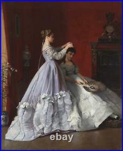 Charles Louis Verwee Large Antique Oil Painting Interior Figures Ladies Signed
