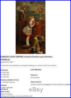Charles Louis Verwee Large Antique Oil Painting Interior Figures Ladies Signed
