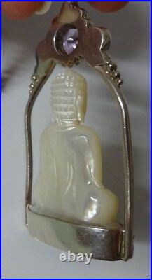 Chinese Signed SAJEN Sterling Silver Hand Carved Buddha Large Pendant Necklace