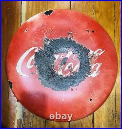 Coca-Cola Large 1950s Mid-Century Vintage Antique Round Porcelain Metal Sign