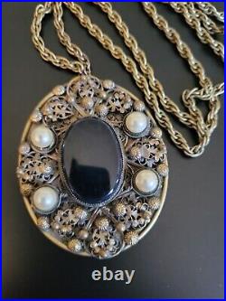 Coro Signed Antique Large Filigree Brass Vintage Necklace Pendant & Chain Early