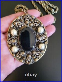 Coro Signed Antique Large Filigree Brass Vintage Necklace Pendant & Chain Early