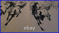 Early 20c Chinese Large Watercolor Scroll Herd Of Horses, Artist Sign&seal