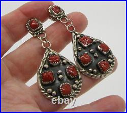 Estate Vintage Signed P P Large Sterling Silver Coral Pierced Dangle Earrings
