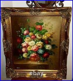 Fantastic Large Original Framed Oil Painting, Bouquet Of Flowers In Vase