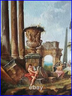 Figures & Classical Roman Ruins, Italian School 19thC Large Antique Oil Painting