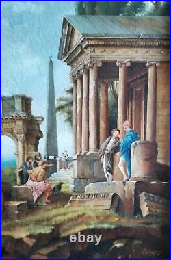 Figures & Classical Roman Ruins, Italian School 19thC Large Antique Oil Painting