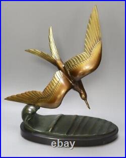 Fine Antique Large French Signed Art Deco Bronze Sculpture Tern At Sea Verdigris