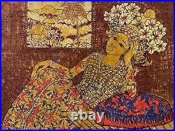 Fine Antique Vintage Asian Indonesian Modern Bali Batik Painting, Signed 60s