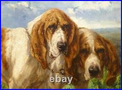 Fine Large 19th Century Portrait Of Two Bloodhound Dogs Antique Oil Painting