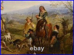 Fine Large 19th English Dutch Hawking Party Hunting Landscape Henry Andrews