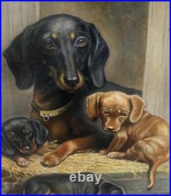 Fine Large Antique salon oil. Dachshund and puppies. Ca. 1890. Signed