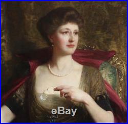 Frank Dicksee Huge Large Fine Antique Oil Painting Portrait of Noble Lady Signed