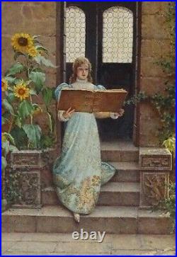 Frederick Leighton British Portrait of a Girl & Book, Large Antique Oil Painting