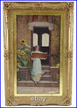 Frederick Leighton British Portrait of a Girl & Book, Large Antique Oil Painting