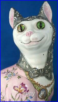 Galle Cat Antique French Faience Large Animal Signed Nance Glass Eyes