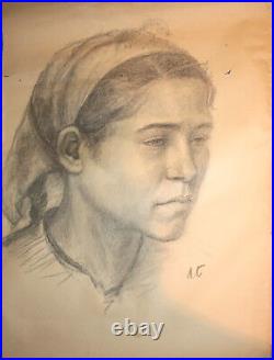 Girl portrait Antique pencil drawing signed