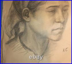 Girl portrait Antique pencil drawing signed