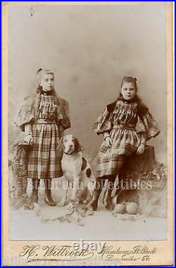 HOUND DOG guarding siblings twins in same dress antique large CAB Cabinet Card