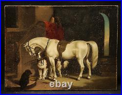 Horse and Dogs Barn Animal Antique 19th Century American or British Painting