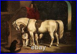 Horse and Dogs Barn Animal Antique 19th Century American or British Painting
