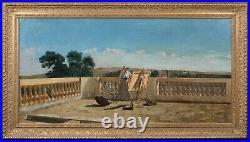 Huge 1905 Portrait Of A Lady Painting On A Terrace In France Landscape SIGNED