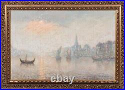 Huge 19th Century Impressionist European River City Landscape At Night Signed