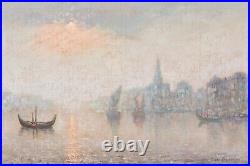 Huge 19th Century Impressionist European River City Landscape At Night Signed
