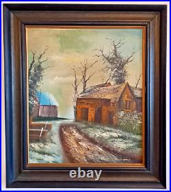 Huge Painting Oil Vintage Framed Canvas Original Landscape Signed Rustic Farm