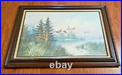 Huge Vintage Oil Painting Mallard Ducks & Marsh Lake Scene Signed Antonio