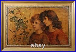 Italian Pre-Raphaelite Portrait of Girls 19thC Signed Large Antique Oil Painting